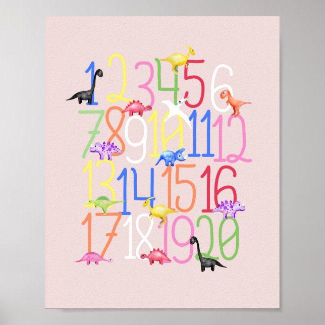Boys Cute Dinosaur 1-20 Kids Numbers Nursery Poster (Front)