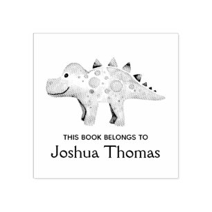 Boys Cute Dinosaur and Name Kids Bookplate Rubber Stamp