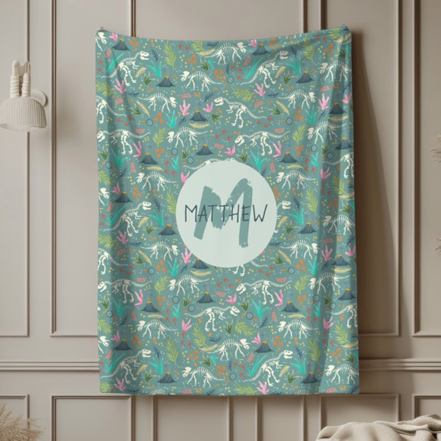 Boys Cute Dinosaur Fossil Pattern Monogram Kids Fleece Blanket (Creator Uploaded)