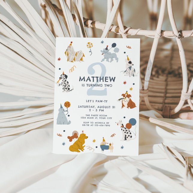 Boys Cute Dog Let's Pawty Birthday Invitation (Boys Cute Dog 2nd Birthday Invite)