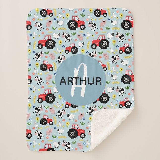 Boys Cute Farm Animal Tractor Pattern & Name Kids Sherpa Blanket (Front)
