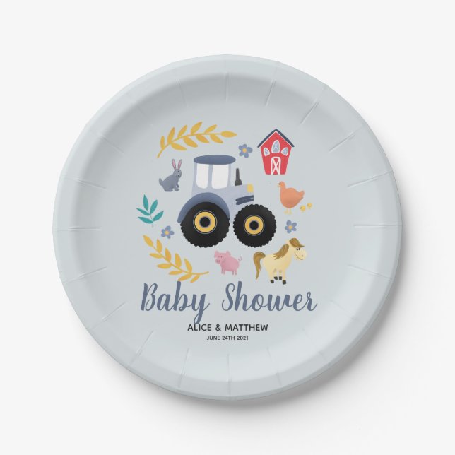 Boys Cute Farm Animals & Blue Tractor Baby Shower Paper Plate (Front)