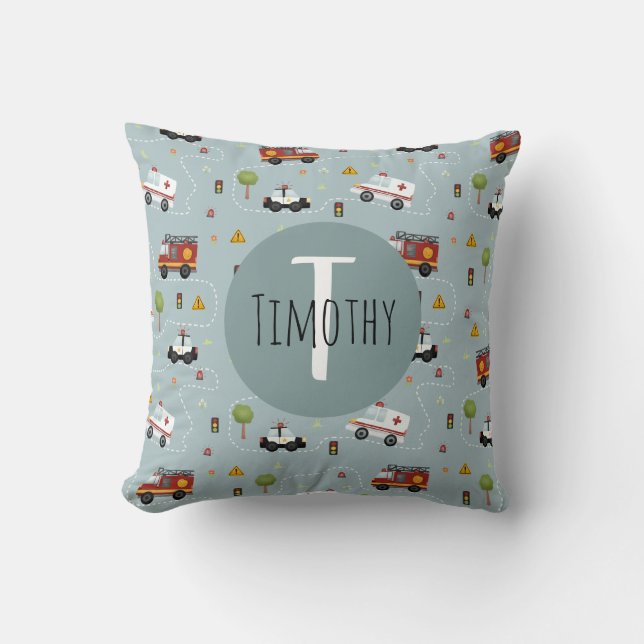 Boys Cute Fire Truck & Police Car and Name Kids Throw Pillow (Front)