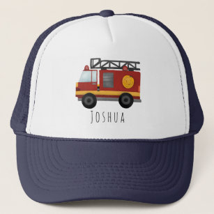 Boys Cute Firefighter Fire Engine and Name Kids Trucker Hat