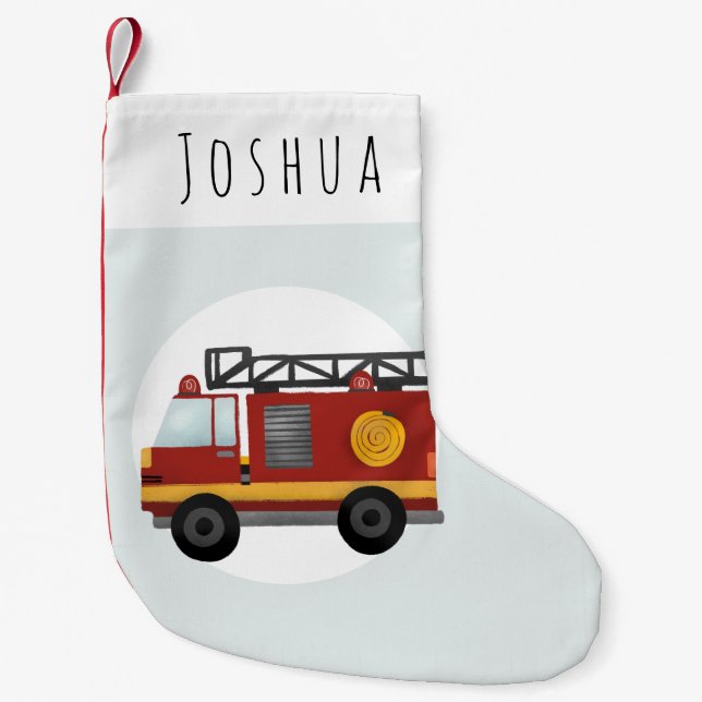 Boys Cute Firefighter Fire Engine Truck Kids Blue Small Christmas Stocking (Front)