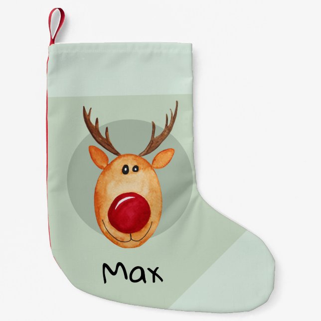 Boys Cute First Christmas Rudolph Reindeer & Name Small Christmas Stocking (Front)