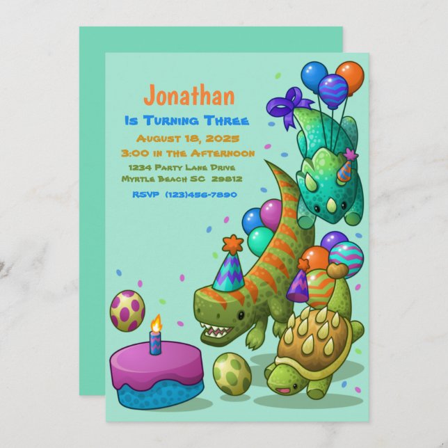 Boys Cute Green Dino Turtle Birthday Party   Invitation (Front/Back)