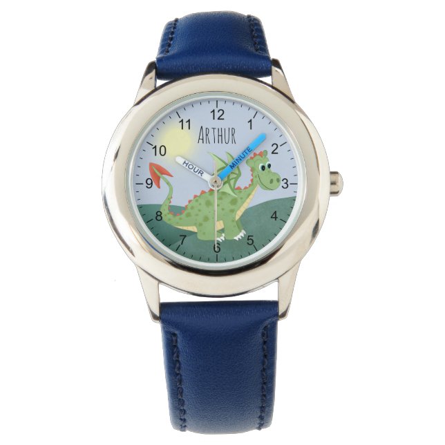 Boys Cute Green Dragon Cartoon with Name Kids Watch (Front)