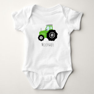 Boys Cute Green Farm Tractor and Name Baby Bodysuit