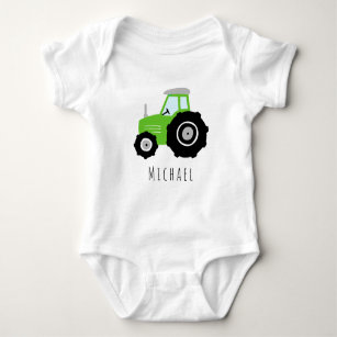 Boys Cute Green Farm Tractor and Name Baby Bodysuit
