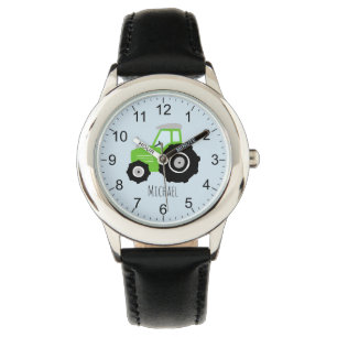 Boys Cute Green Farm Tractor with Name Kids Watch