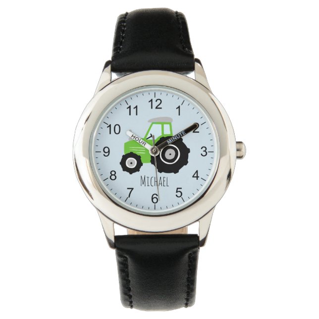 Boys Cute Green Farm Tractor with Name Kids Watch (Front)