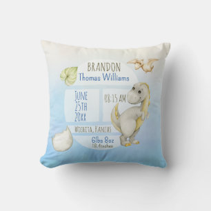 Boys Cute Green T-Rex Keepsake Birth Stats Throw Pillow
