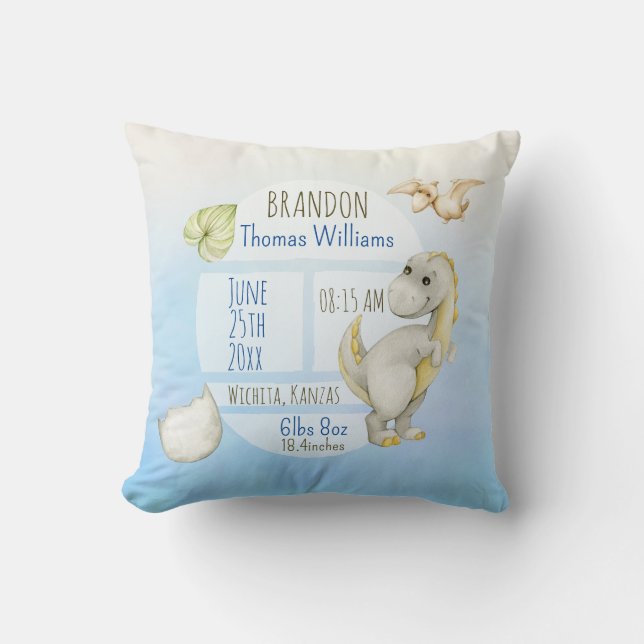 Boys Cute Green T-Rex Keepsake Birth Stats Throw Pillow (Front)