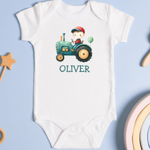 Boys' Cute Green Tractor Personalized Baby Bodysuit
