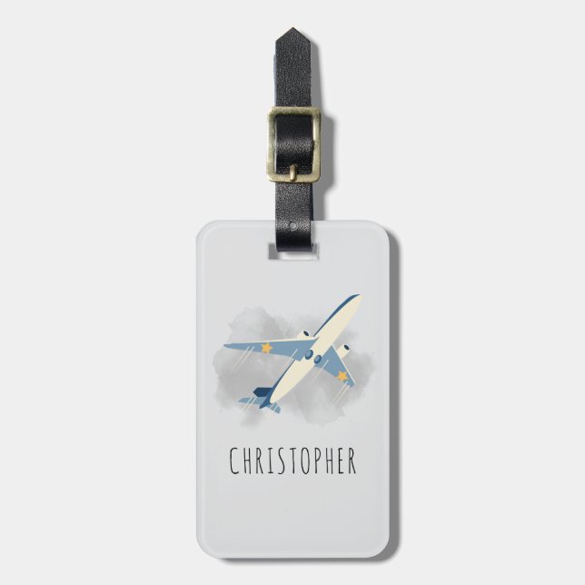 Boys Cute Grey Kids Airplane Travel  Luggage Tag (Front Vertical)