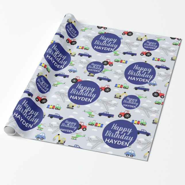 Boys Cute Happy Birthday Car Pattern Kids Wrapping Paper (Unrolled)