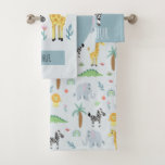 Boys Cute Jungle Safari Animals Zebra & Name Kids Bath Towel Set<br><div class="desc">This cute and trendy kids monogrammed bath towel set features an African safari animal pattern,  with a lion,  zebra,  giraffe,  elephant,  crocodiles and plants,  and can be personalized with your boys name and initial. The perfect safari jungle themed gift for your baby,  toddler or child!</div>