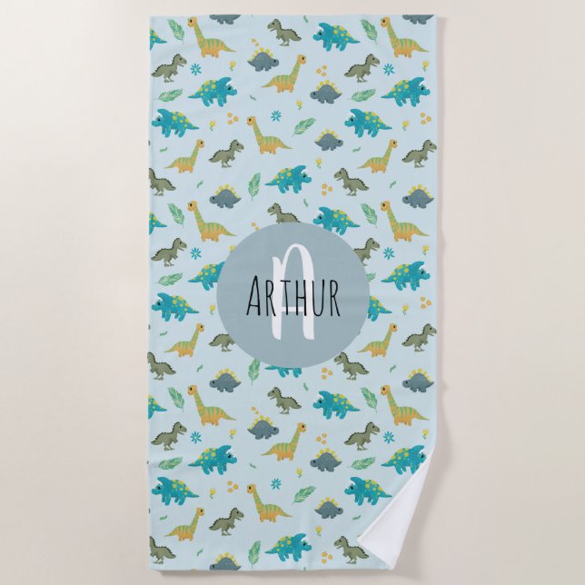 Boys Cute Modern Blue Dinosaur Pattern Kids Beach Towel (Front)