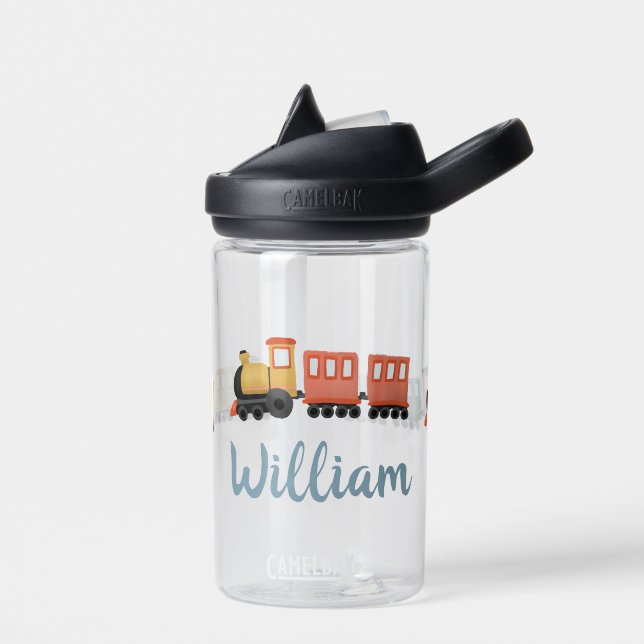 Boys Cute Modern Blue Train Travel Kids Water Bottle (Left)