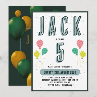 Boys Cute Modern Dark Green Theme Kids 5th Birthda Invitation