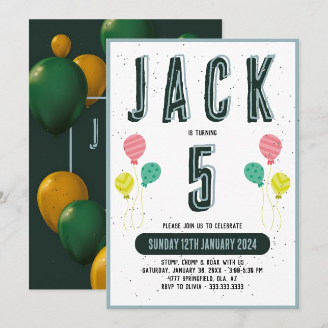 Boys Cute Modern Dark Green Theme Kids 5th Birthda Invitation (Front/Back)