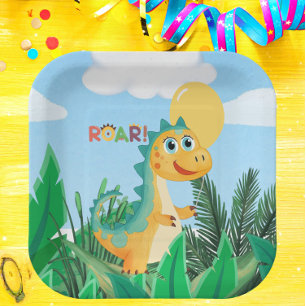Boys Cute Modern Dinosaur Kids Birthday Invitation Paper Plate