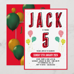 Boys Cute Modern Red Theme Kids 5th Birthday Invitation