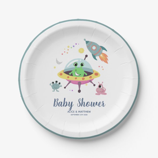 Boys Cute & Modern Space Alien Baby Shower  Paper Plate (Front)