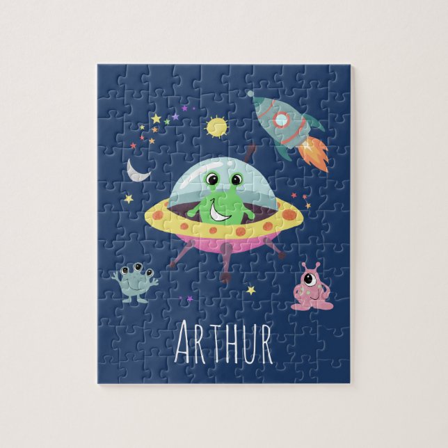 Boys Cute Modern Space Alien Cartoon & Name Kids Jigsaw Puzzle (Vertical)