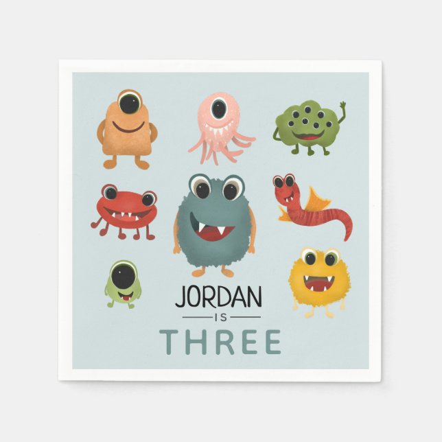 Boys Cute Monster Kids Birthday Party Napkin (Front)