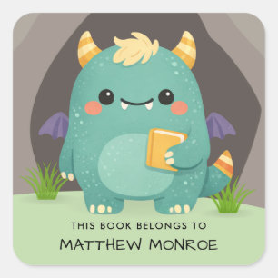 Boy's Cute Monster This Book Belongs To Bookplate  Square Sticker