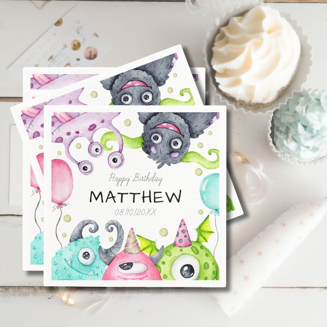 Boy's Cute Monsters Happy Birthday Party Napkin (Creator Uploaded)