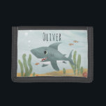 Boy's Cute Ocean Shark and Name Kids Trifold Wallet<br><div class="desc">This cool kids wallet design features a shark cartoon with fish and seaweed and can be personalized with your boy's name. Perfect as a young ocean lover's first wallet! Check out our store for other fun sea-themed items.</div>