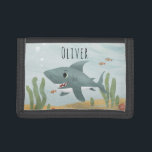 Boy's Cute Ocean Shark and Name Kids Trifold Wallet<br><div class="desc">This cool kids wallet design features a shark cartoon with fish and seaweed and can be personalized with your boy's name. Perfect as a young ocean lover's first wallet! Check out our store for other fun sea-themed items.</div>