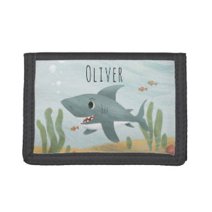 Boy's Cute Ocean Shark and Name Kids Trifold Wallet