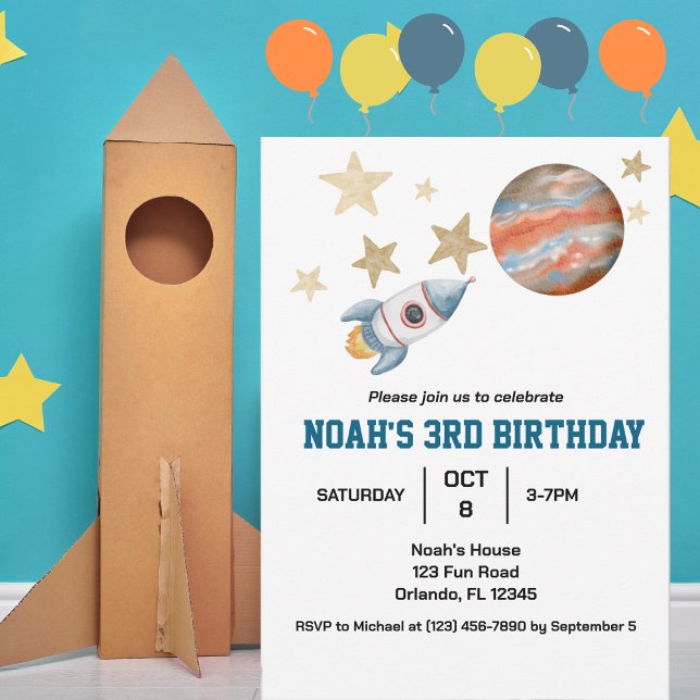 Boys Cute Outer Space Kids Birthday Watercolor Invitation (Creator Uploaded)