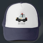 Boys Cute Police Car and Name Kids Trucker Hat<br><div class="desc">This cute and modern kids trucker hat design features a police car and siren cartoon and space for your to add your boy's name. The perfect gift for any little one aspiring to be police officer.</div>