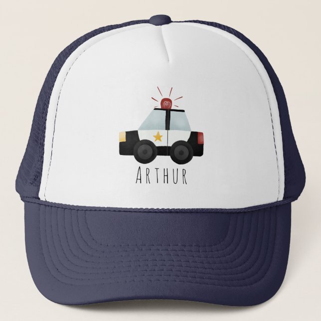 Boys Cute Police Car and Name Kids Trucker Hat (Front)