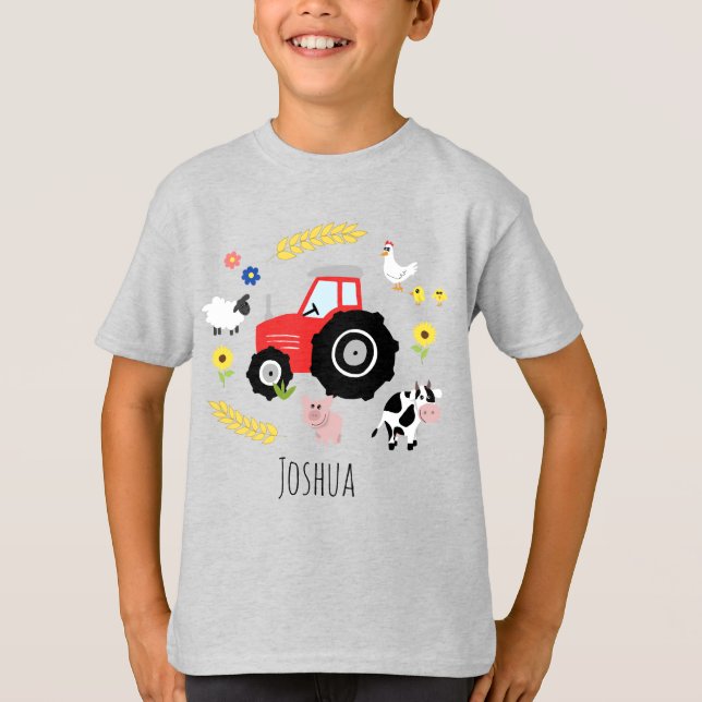 Boys Cute Red Farm Tractor and Animals T-Shirt (Front)
