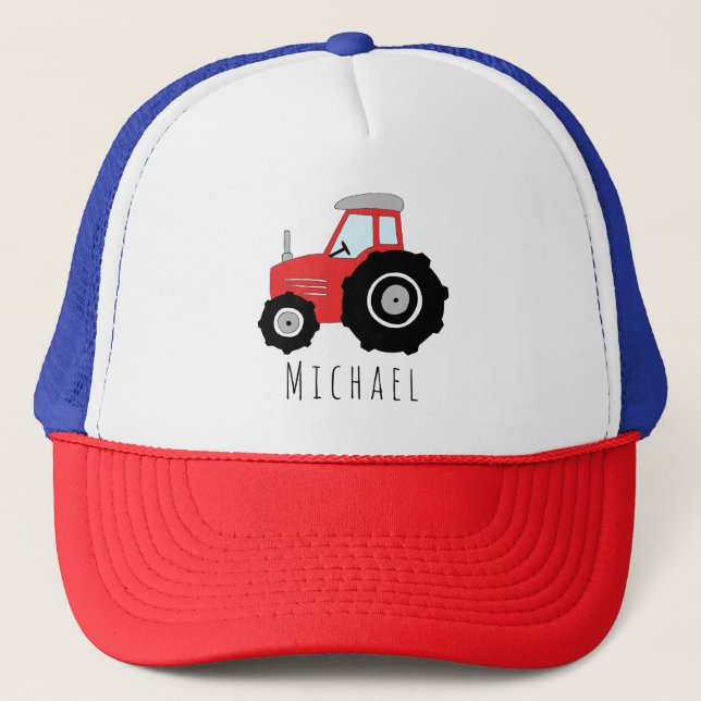 Boys Cute Red Tractor Farm and Name Kids Trucker Hat (Front)