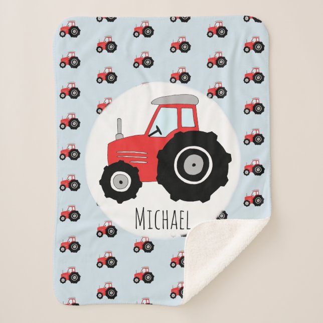 Boys Cute Red Tractor Pattern with Name Kids Sherpa Blanket (Front)