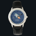Boys Cute Rocket Ship Cartoon & Name Kids Watch<br><div class="desc">This cute blue modern kids watch features a rocket ship cartoon, and can be personalized with your boys name and monogram. With clear, easily readable numbers, this 'first' watch is great for kids or toddlers just starting out on learning the time. The perfect space galaxy themed design for your little...</div>