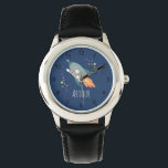 Boys Cute Rocket Ship Cartoon & Name Kids Watch<br><div class="desc">This cute blue modern kids watch features a rocket ship cartoon, and can be personalized with your boys name and monogram. With clear, easily readable numbers, this 'first' watch is great for kids or toddlers just starting out on learning the time. The perfect space galaxy themed design for your little...</div>