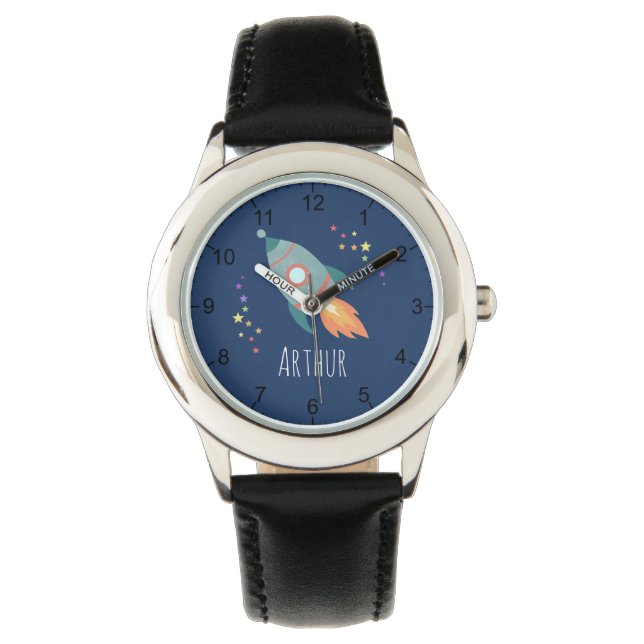 Boys Cute Rocket Ship Cartoon & Name Kids Watch (Front)