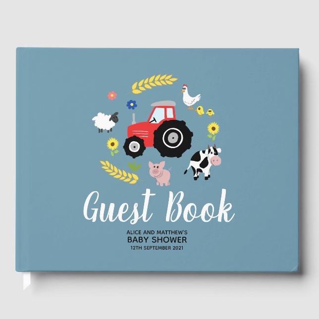 Boys Cute Rustic Farm Animals Tractor Baby Shower Guest Book (Front)