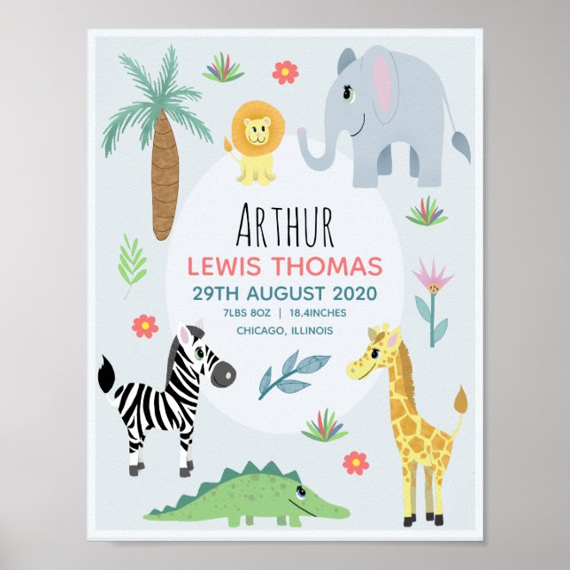 Boys Cute Safari Animals Birth Stats Baby Nursery Poster (Front)