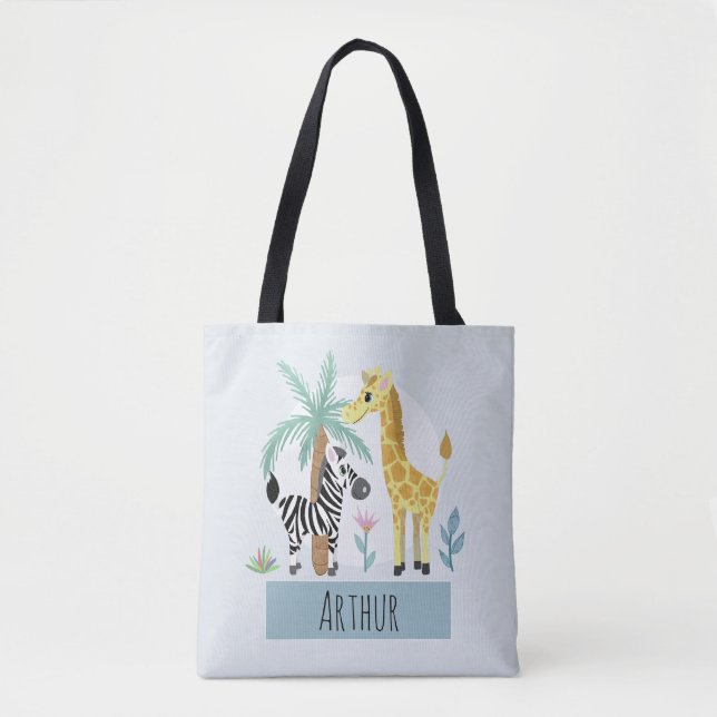 Boys Cute Safari Animals Giraffe and Name Kids Tote Bag (Front)