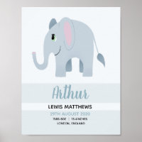 Boys Cute Safari Elephant Birth Stats Baby Nursery
