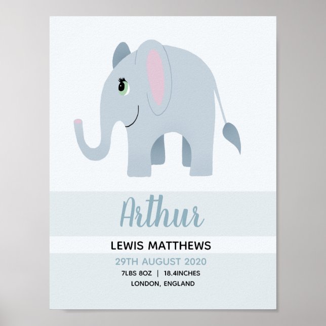Boys Cute Safari Elephant Birth Stats Baby Nursery Poster (Front)